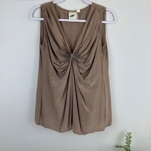 ANTHROPOLOGIE NUTURE Sleeveless Viscose & Silk Ruched Taupe Top / Size Small